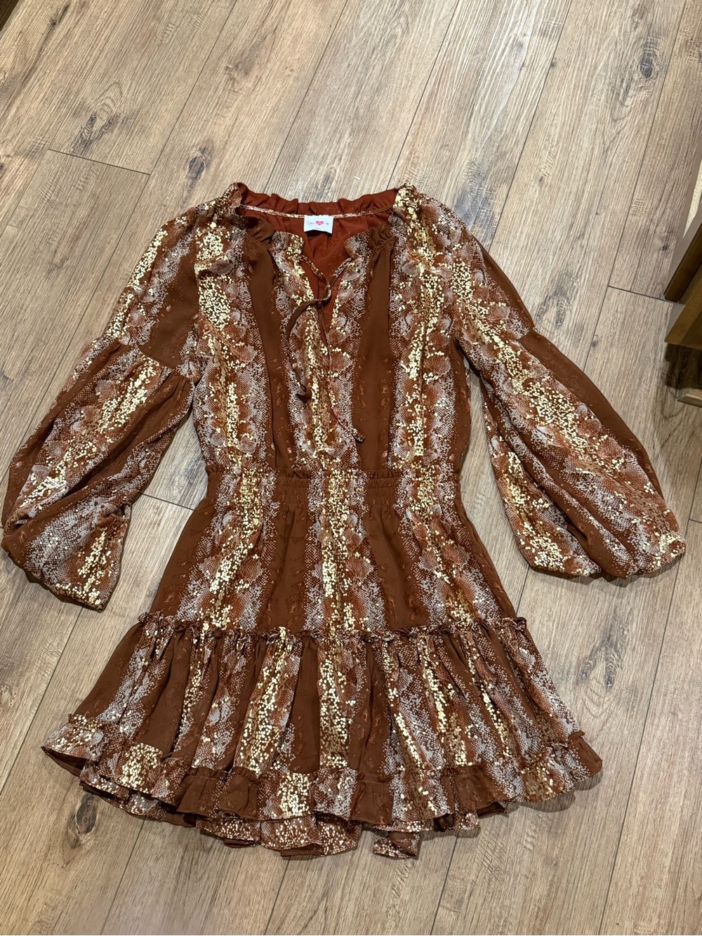Buddy Love Brown Snake Print Long-Sleeve Ruffled Hem Dress